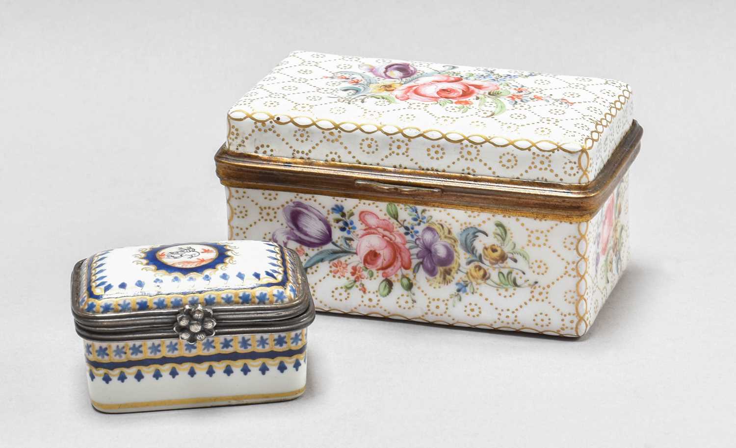 A Continental Enamel Box and Cover, and a porcelain snuff box and cover