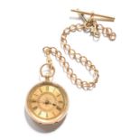 A Lady's Fob Watch, case stamped 14k/and with attached yellow metal watch chain