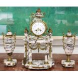 A Marble Striking Mantel Clock With Garniture, the portico clock case with gilt metal mounted swag