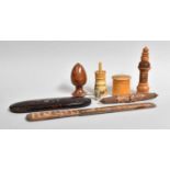 A Vegetable Ivory Bodkin Holder, a treen cotton reel holder, two pieces of Mauchlineware, a