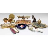 Three miniature Brass Tilt Top Tables and Fender, set of postal scales, Moorcroft dish, inkstand,