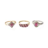 Two 9 Carat Gold Synthetic Ruby and Diamond Rings, of varying designs; and A Ruby and Diamond Half