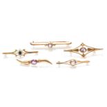 Four 9 Carat Gold Gem-Set Bar Brooches, of varying designs; and An Amethyst and Split Pearl Bar