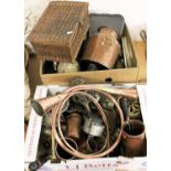 Two boxes of Assorted Metalwares etc, including vintage bicycle lamps including Luxor, Vita and