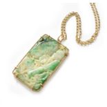 A Jade Pendant on Chain, the rectangular carved and pierced plaque suspended from a plain polished