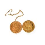 A Double Half Sovereign Brooch, dated 1885 and 1897Gross weight 9.1 grams.