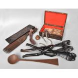 African Hardwood and other Tribal Items, including a comb, two spoons, a box and cover with