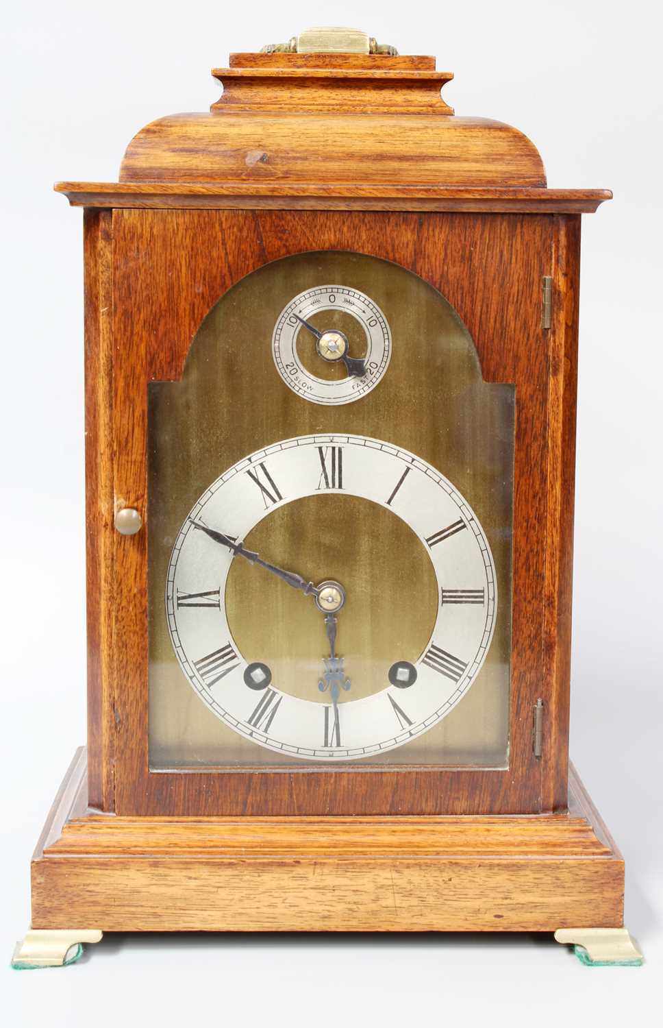 A German Striking Mantel Clock, circa 1900, twin barrel movement striking on a gong, movement