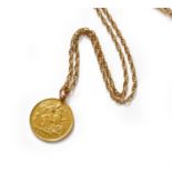 A 1909 Half Sovereign Pendant on A 9 Carat Gold Chain, pendant length 2.5cm, chain length 48.