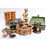 Two 19th century Treen Spice Towers, a similar toleware spice box, together with a Victorian