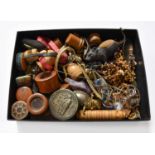 A Small Box of Collectables and Jewellery, including sewing accoutrements, a gold plated semi hunter