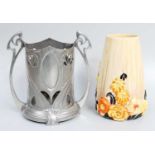 An Early 20th Century WMF Pewter Vase, together with a Clarice Cliff Bizzare ware vase