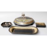A Victorian Papier Mache Inkstand with Glass Bottle, a papier mache sweetmeat dish, snuff box and