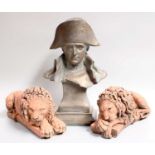 After Antonio Canova, pair of terracotta effect lions, 30cm long, together with a bust of