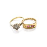 An 18 Carat Gold Ruby and Diamond Five Stone Ring, finger size M1/2; and A Diamond Cluster Ring,