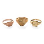 Three 9 Carat Gold Signet Rings, including a diamond set example, various sizesGross weight 14.2