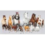 Beswick Horses Including, Pinto Pony, skewbald gloss; Cantering Shire, grey gloss; Highland Pony,