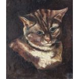 British School (20th Century) Study of a cat Oil on board; together with two landscape oils (3)