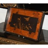 A Japanese Lacquered Tray, Meiji Period, decorated with a bird and flowers under a specimen wood