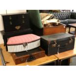 Sewing Accessories comprising a black painted miniature three height chest of drawers on later