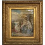 A Late 19th Century Woolwork Picture, figures by a tree in a large gilt frame, 84cm by 97cm (