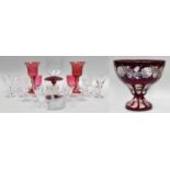 A Bohemian Ruby Flashed Pedestal Bowl; a pair of cranberry glass goblets and a small collection of