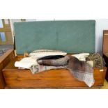 Victorian Blanket Chest with upholstered green top and Assorted White Linen, Bed Covers, blankets,
