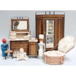 An Early 20th Century Dolls Wardrobe, Dressing Table and Bedside Cabinet, Dolls, etc Miniature