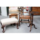 A George III Oak Small Tripod Table; a Georgian style dressing stool; a 17th-century style oak joint