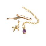 A Small Quantity of Jewellery, including an amethyst pendant on a 9 carat gold chain, chain length