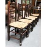 A Set of Six 19th Century Spindle Back Rush Seated Chairs Generally in good condition