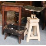 A 19th Century Rustic Pitch Pine Stool, 46cm by 33cm by 67cm; together with an industrial machinists