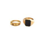 A 9 Carat Gold Signet Ring, out of shape; and An 18 Carat Gold Ruby and Diamond Three Stone Ring,
