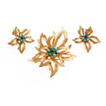 A Synthetic Sapphire and Turquoise Floral Brooch and A Pair of Matching Earrings, both stamped '18K'