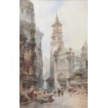 Paul Marny (1829-1914) French townscape with figures before church Signed, watercolour, 37.5cm by