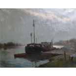 British School (20th century) Moored Barge Signed, oil on canvas, 59.5cm by 75cm