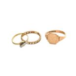 A 9 Carat Gold Signet Ring, finger size T1/2; A Diamond Three Stone Ring, stamped '18CT' and 'PLAT',