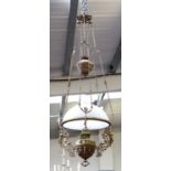 A Gilt Metal Rise and Fall Ceiling Light, with an opaque glass shade