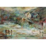 Christine Taherian SWA (b.1960) Stormy cove Signed mixed media, 49cm by 63.5cm