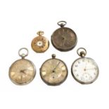 Three Open Faced Silvered Dial Silver Pocket Watches, an Enamel Dial Silver Open Faced Pocket