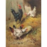 British School (20th century) Hens feeding in a barn Indistinctly signed, oil on canvas, together