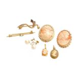 A Quantity of Jewellery, including two 9 carat gold cameo brooches; two cameo pendants (one plated);