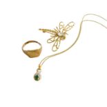A 9 Carat Gold Dragonfly Brooch, measures 3.5cm by 4.3cm; An Emerald and Diamond Pendant on chain,