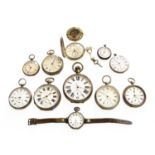 Six Silver Pocket Watches, Nickel Plated Pocket Watch, three fob watches, converted silver