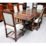 A 20th Century Oak Dining Table, the drawleaf top above gun barrel turned supports joined by an H