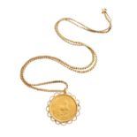 A 1974 Krugerrand Pendant on A 9 Carat Gold Chain, pendant length 4.5cm, chain length 76cm Mount