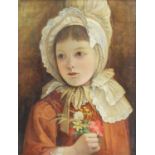 British School (19th Century) Young girl in a bonnet holding a bunch of flowers Oil on canvas,