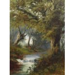 British School (19th century) Figures fishing in the woodland stream Indistictly signed, oil on