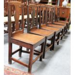 A Set of Six 18th Century Oak Dining Chairs, with yoke shaped cresting rail and flat baluster splat;