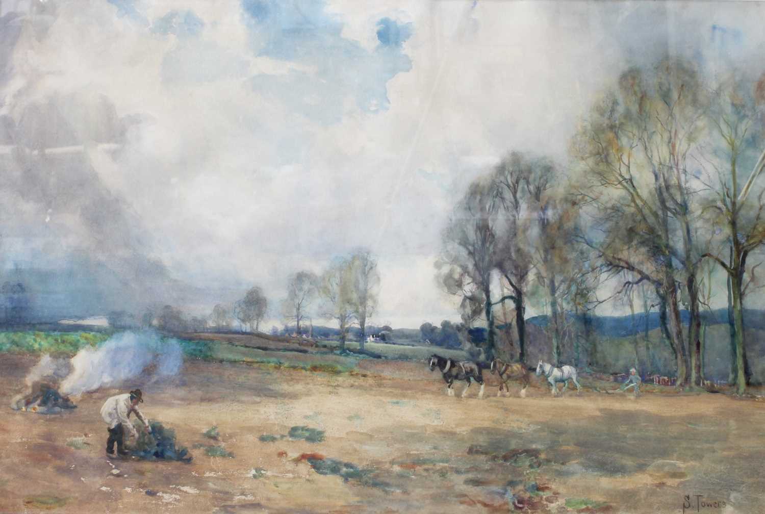 Samuel Towers (1862-1943) Extensive farm scene with horses pulling a plough Signed watercolour,